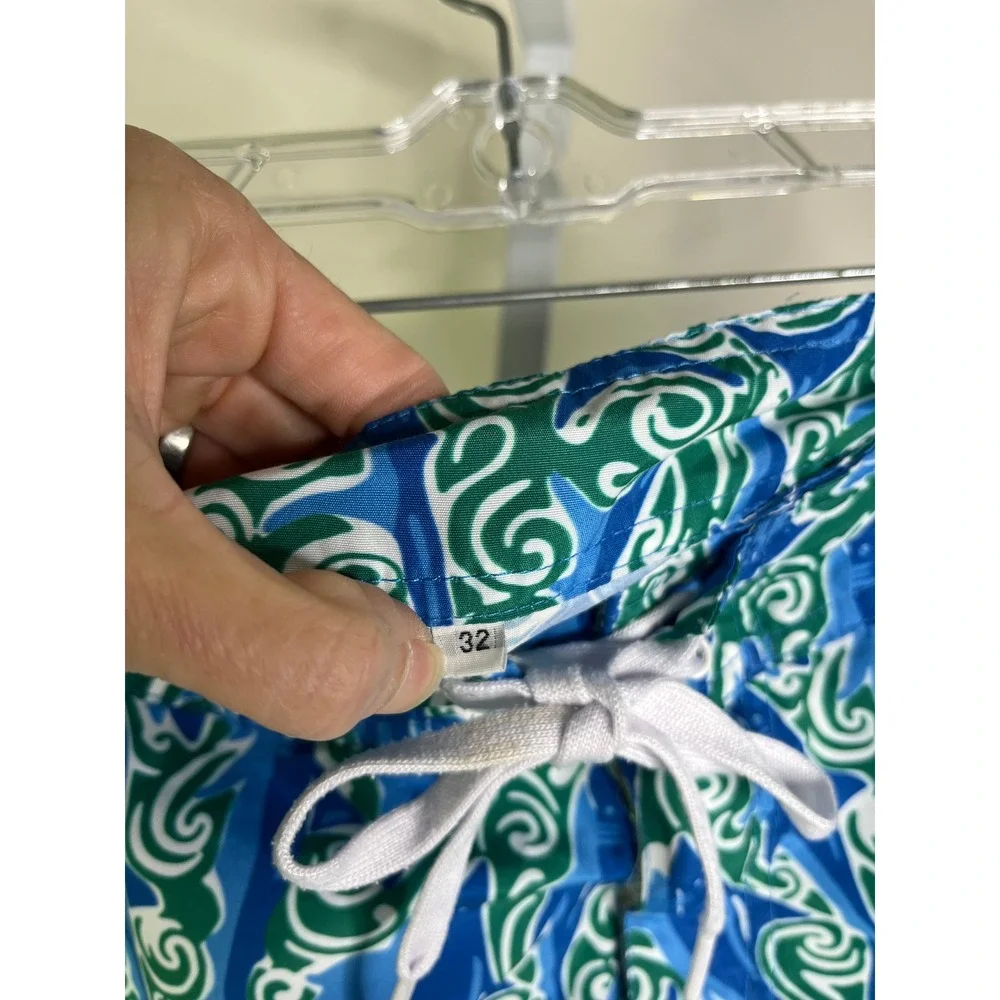 Three Islands 32 Shark Print Board Shorts Blue Green Swim Trunks Preppy Coastal